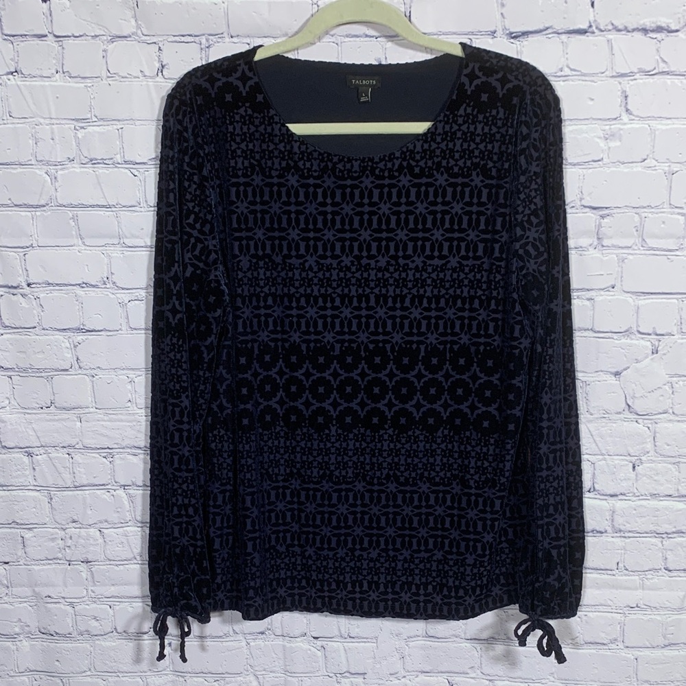 Talbots Womens Velvet Burnout Scoop Neck Top Navy Size L Long Sleeves Casual